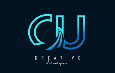 Outline blue letters CU c u logo with leading lines and road concept design. Letters with geometric design.