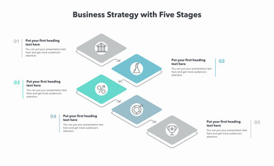 Poster - Business strategy template with five stages and place for your content. Flat infographic design.