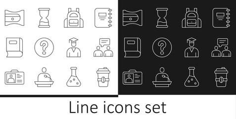 Sticker - Set line Coffee cup to go, Two sitting men talking, School backpack, Speech bubbles with Question, Book, Pencil sharpener, Graduate and graduation cap and Old hourglass icon. Vector