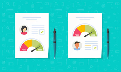 Skill level score personal in cv resume application from document vector icon for man and woman person flat cartoon design graphic illustration, candidate capability expertise profile data information
