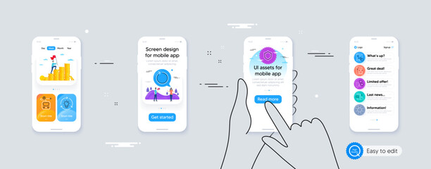 Set of Sun energy, Loop and Idea line icons. Phone ui interface. Include Call center, Security, Coffee maker icons. Inspect, Internet report, Metro web elements. For web, application. Vector