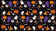 Halloween Retro Pattern. Pumpkin, Ghost, Coffin, Bat, Witch Hat. Holiday Background For Packaging Print.