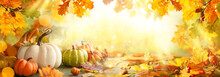 Thanksgiving Or Autumn Scene With Pumpkins, Autumn Leaves And Berries On Wooden Table.
