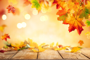 Poster -  Wooden table and blurred Autumn background. Autumn concept with red-yellow leaves background.