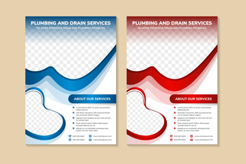 abstract flyer template design use a headline is plumbing and drain services. vertical layout with space for photo collage and text. white background with multicolor red and blue colors on elements.