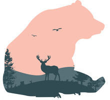 Vector Double Exposure Illustration Of A Grizzly Bear In The Wild. Print, Sticker, Poster, Vector Elements.