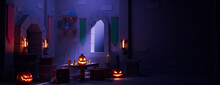 Pumpkin Decorations In Low Polygon Medieval Room. Halloween Background With Copy-space.