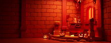Fun Halloween Room Scene With Jack O' Lanterns, Cauldron And Candles. Halloween Background With Copy-space.