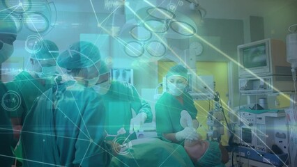 Wall Mural - Animation of illuminated networks connects and medical data over caucasian surgeons in hospital