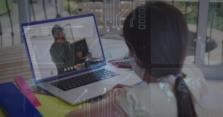 Wall Mural - Animation of round scanner and microprocessor connections against girl having a video call on laptop