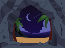 Dark Gray Stone Cave Entrance With Night View Flat Style, Vector Illustration