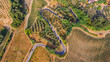 Campagna toscana con vigne e curve riprese da drone