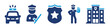 © Icons-Studio - Police icon set. Containing Policeman, patrol, police car and police station icon isolated on white background.