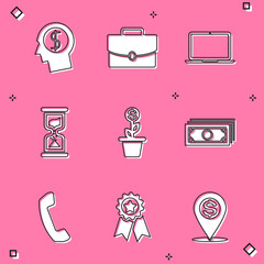 Sticker - Set Business man planning mind, Briefcase, Laptop, Old hourglass, Dollar plant the pot and Stacks paper money cash icon. Vector