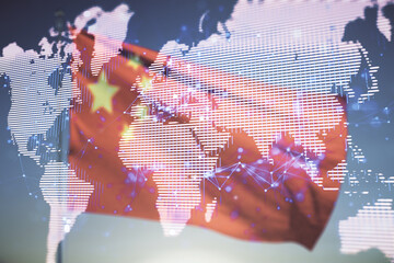 Wall Mural - multi exposure of abstract creative digital world map hologram on chinese flag and blue sky backgrou
