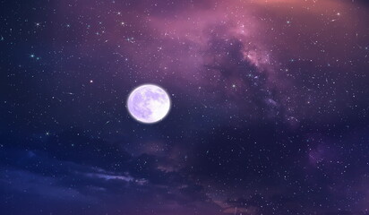Wall Mural - purple blue starry sky nebula comet meteor stars fall shower lilac pink reflection on sea with plane