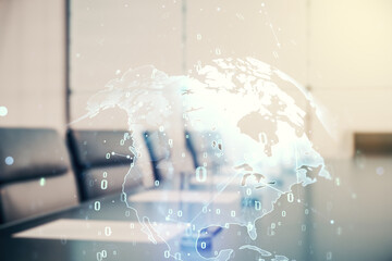 Multi exposure of abstract creative coding sketch and world map on a modern conference room background, artificial intelligence and neural networks concept