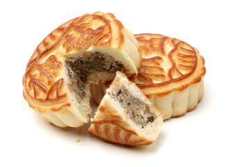 Wall Mural - Mid-Autumn Festival moon cake on white background（Non-English texts translation :salt and pepper）