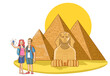 vector illustration of tourist couple taking selfie at egyptian pyramids