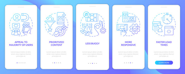 advantages of mobile first design blue gradient onboarding mobile app screen. walkthrough 5 steps gr