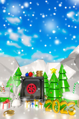 Wall Mural - Vertical background on the topic of banking and savings in holidays. Festive cover with safe box, Christmas trees and snow.