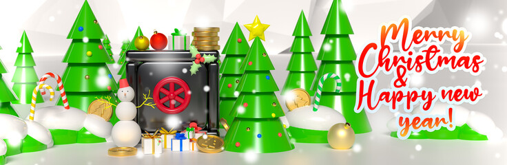 Wall Mural - Narrow background with the text Merry Christmas and Happy New Year on the topic of banking and savings. Festive banner with safe box, Christmas trees and snow.