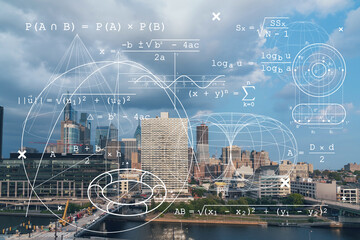 Aerial panorama city view of Philadelphia financial downtown at day time, Pennsylvania, USA. Technologies and education concept. Academic research, top ranking universities, hologram