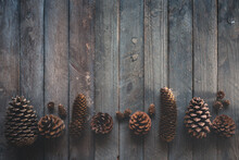 Natural Autumn Decoration With Various Pine Cones On Dark Wood. Background With Space For Text. Top View.
