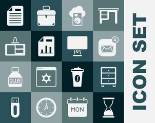 Set Old hourglass, Archive papers drawer, Envelope, Cloud database, Document with graph chart, Identification badge, File document and Computer monitor icon. Vector