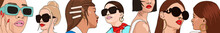Illustration Of Women Faces With Different Skin Colors And Hairs, Wearing Sunglasses And Hair Accessories