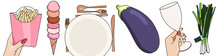 Illustrated Food Icon Set, Fries, Ice Cream, Dish, Eggplant, Wine And Green Onions