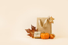 Fall Gift Or Sale Concept. Shopping Paper Bag, With Golden Maple Leaves And Pumpkins. Autumn Decor. Thanksgiving. Copy Space