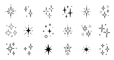 Aufkleber - Line star glitter shine of doodle set. Star shine glow, spark glitter, sparkle light vector illustration. Hand drawn sketch doodle style..