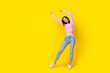canvas print picture - Full length photo of nice young girl dancing enjoy party weekend relax wear stylish striped garment isolated on yellow color background