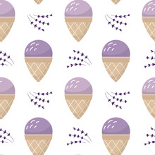 Vector Seamless Pattern With Scoops Of Ice Cream In Waffle Cones. Sweet Lavender Cold Dessert Wallpaper.