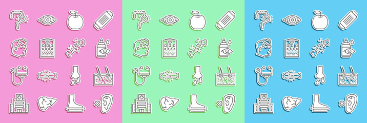 Set line Deaf, Hair covering skin, Eye drop bottle, Apple, test chart, High human body temperature, Gut constipation and Human broken bone icon. Vector