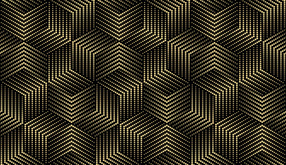 Abstract geometric pattern with stripes, lines. Seamless vector background. Gold and black ornament. Simple lattice graphic design