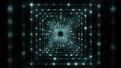 Wall Mural - abstract 3d portal. square tunnel or wormhole. digital background with connected green dots. 3d rend