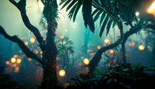 Fantasy Dark Tropical Exotic Forest, Jungle. Grass, Moss In Lemu, Sunlight, Shadows, Forest Magic. 3D Illustration.