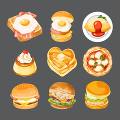 Set of fast food doodle in watercolor style vector illustration