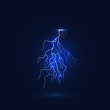 Fototapeta Do przedpokoju - Lightning with blue light. Realistic thunderbolt, cracks. Rainstorm electric discharge in night sky