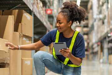 female African-American employee in a uniform holds a tablet to check the stock of a warehouse and check the price list on the shelf.