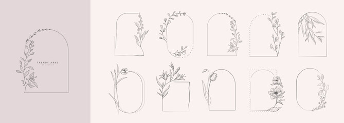 Set of floral desogn elements. Wreath borders branch and minimalist flowers. Hand drawn line wedding herb, elegant leaves for invitation save the date card. Botanical rustic trendy