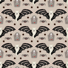 Wall Mural - Bats emotions, seamless pattern on dark background, desktop wallpaper, halloween vampires, scary faces. Halloween wrapping paper.