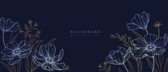 Botanical line bakground with flowers and leaves. Floral foliage for wedding invitation, wall art or card template. Vector illustration. Luxury rustic trendy art