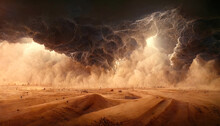 Desert Landscape, Sandstorm, Sand Morch, Dramatic Cloudy Sky, Unreal World, Apocalypse. 3D Illustration