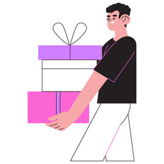 Happy smiling man holding gift boxes with presents and celebrate birthday or anniversary. Concept of you won prize, winner, surprize or christmas event or grand opening with prize drawing.