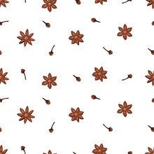 Seamless Pattern Stars Anise And Cloves, Fragrant Winter Spices, Vector Illustration Background.