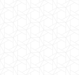 Subtle vector abstract geometric seamless pattern. Fine line texture with hexagons, triangles, grid, lattice. White and light gray delicate ornament. Simple minimal background. Minimalist design