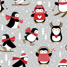 Seamless Vector Pattern With Cute Penguins And Snowflakes. Perfect For Textile, Wallpaper Or Print Design.